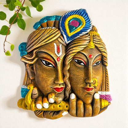 Radha Krishna Face Terracotta Wall Decor Hanging | Wall Hanging Decor | Spiritual Wall Art for Home, Temple, Mandir, Living, Office & Vastu Decor | Spiritual Gift (25x20 CM)