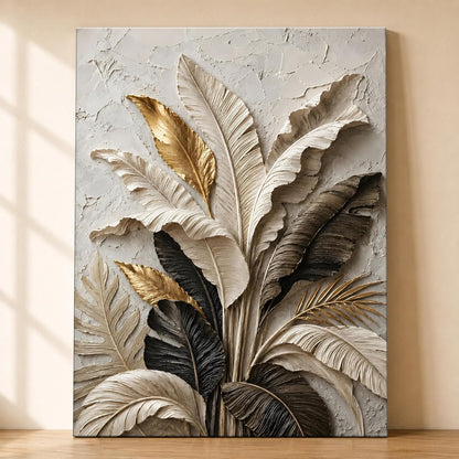 Textured Embossed Leaf Floral Canvas Wall Art Painting for wall decoration, Neutral & Gold Tropical Leaf Motifs Flower Stretched Canvas Painting for living room, bedroom, Office, 16x22 Inch
