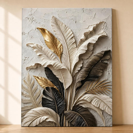 Textured Embossed Leaf Floral Canvas Wall Art Painting for wall decoration, Neutral & Gold Tropical Leaf Motifs Flower Stretched Canvas Painting for living room, bedroom, Office, 22x34 Inch