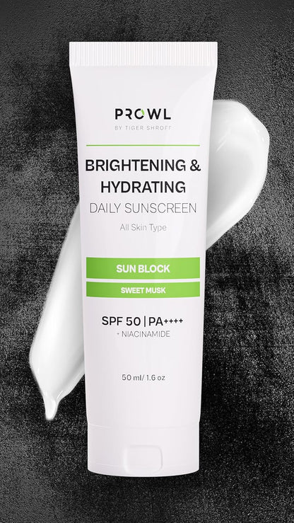 PROWL by Tiger Shroff Brightening and Hydrating Sunscreen SPF 50 PA++++ with Niacinamide for Oily, Dry, Acne Prone Skin for Men Protection | No White Cast Face Sun Screen | Non-Greasy Texture Gel Suncream | Sweet Musk | 50ml