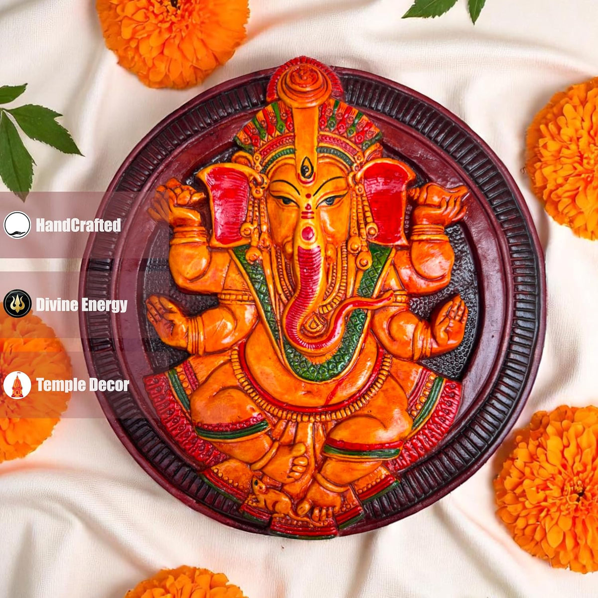 Ganesh Ji Wall Hanging Terracotta Murti Idol | Ganpati Bappa Ganesha Hand-Painted Spiritual Wall Hanging for Door Entrance, Temple, Mandir, Home & Office Decor | Spiritual Gift (19x19 CM)