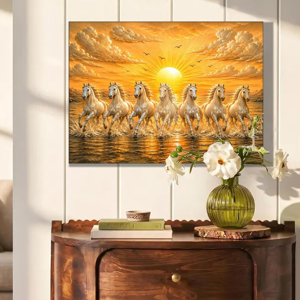 7 White Running Horses Canvas Painting For Living Room | Seven Running Horses Vastu Painting For Bedroom, Home & Office, Stretched Canvas, 16x22 Inch
