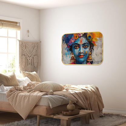 krishna religious modern art Premium Sparkle Lamination Finished Surface Golden Slim Frame 35 cm x 28 cm Large Size, For Home/Office/Hotel painting KG61