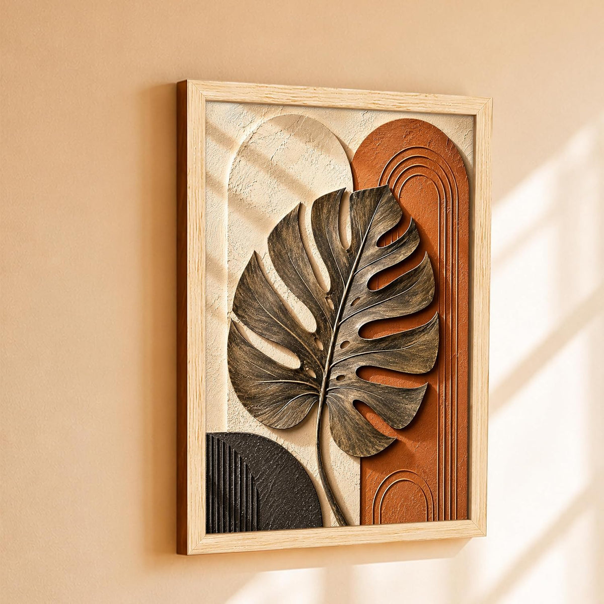 Modern Abstract 3D Textured Embossed Leaf Painting for Living Room, Terracotta & Gold Monstera Leaf Motifs Rectangular Shape Framed Wall Painting for Home Decor (Size: 13x17 Inch)