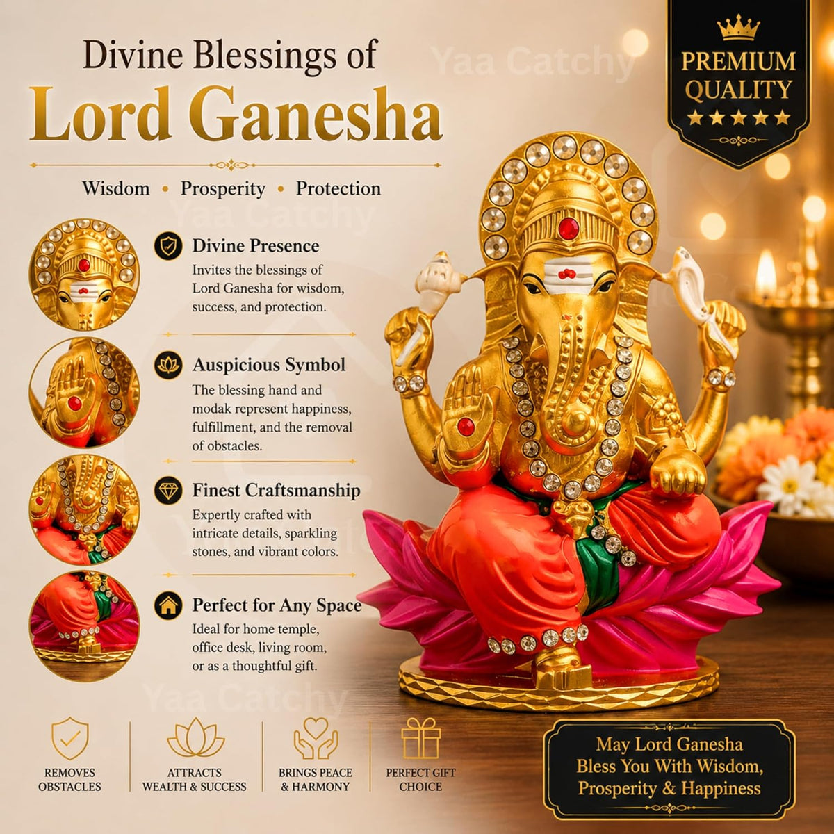Yaa Catchy Lord Ganesha Car Dashboard Idol & Crystal Stones Lotus Base Design Hindu God Ganpati.Believed to Protect and Bless Travelers on Their Journeys. (Color)