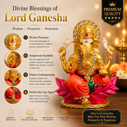 Yaa Catchy Lord Ganesha Car Dashboard Idol & Crystal Stones Lotus Base Design Hindu God Ganpati.Believed to Protect and Bless Travelers on Their Journeys. (Color)