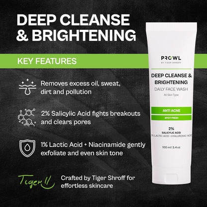 PROWL by Tiger Shroff Facewash 2% Salicylic Acid | Anti Acne For Dry Combination Oily & Acne Prone Man Skin Care with 1% Lactic Acid, Hyaluronic Acid | Exfoliating Brightening Cleanser Face Wash For Men | 100ml