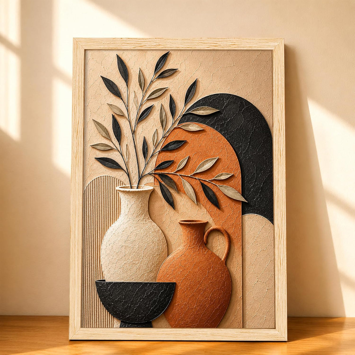 Boho Botanical 3D Textured Embossed Still Life Painting for Living Room, Terracotta & Neutral Ceramic Vases Motifs Rectangular Shape Framed Wall Painting for Home Decor (Size: 13x17 Inch)