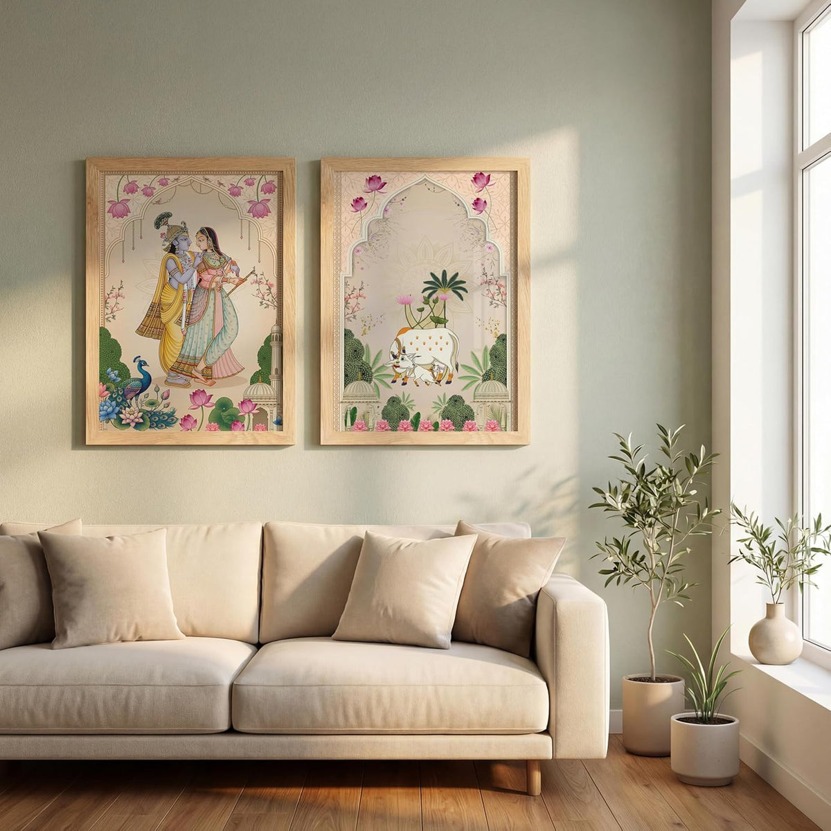 Pichwai Radha Krishna Kamdhenu Cow Wall Art Painting | Set of 2 Framed Paintings | Traditional Indian Decor for Living Room Pooja Room Home | (ART 3, 13x19 INCHES)