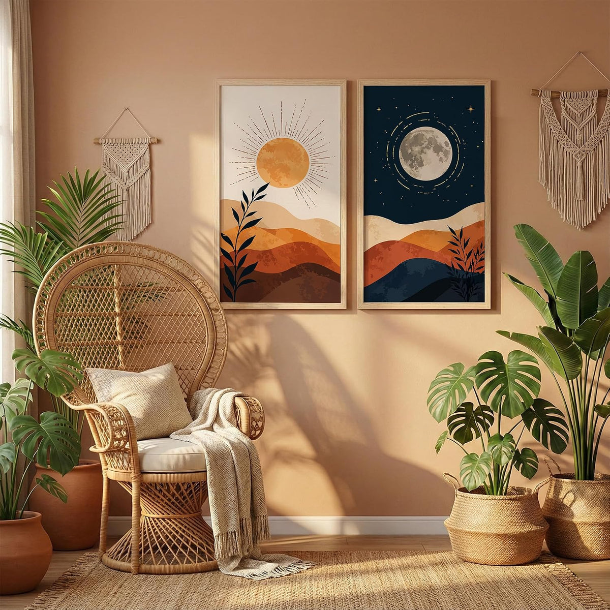 Minimalist Sun Moon Wall Art Set of 2 Framed Mountain Landscape Prints, Boho Neutral Scandinavian Decor, Wooden Frames, 10x19 Inch (Art-13)