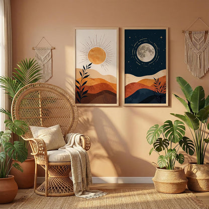 Minimalist Sun Moon Wall Art Set of 2 Framed Mountain Landscape Prints, Boho Neutral Scandinavian Decor, Wooden Frames, 10x19 Inch (Art-13)