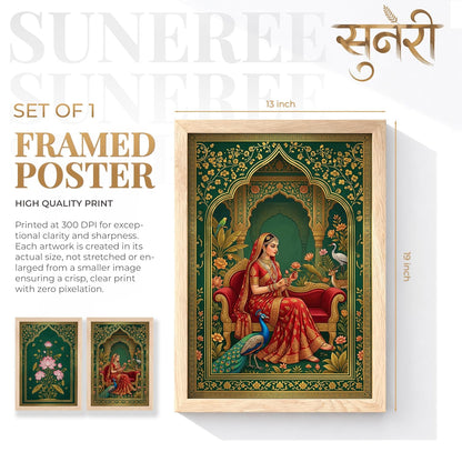 Rajasthani Rani Lotus Flower Wall Art Painting | Set of 2 Framed Paintings | Mughal Indian Decor for Living Room Bedroom Home Office | (ART 7, 13x19 INCHES)