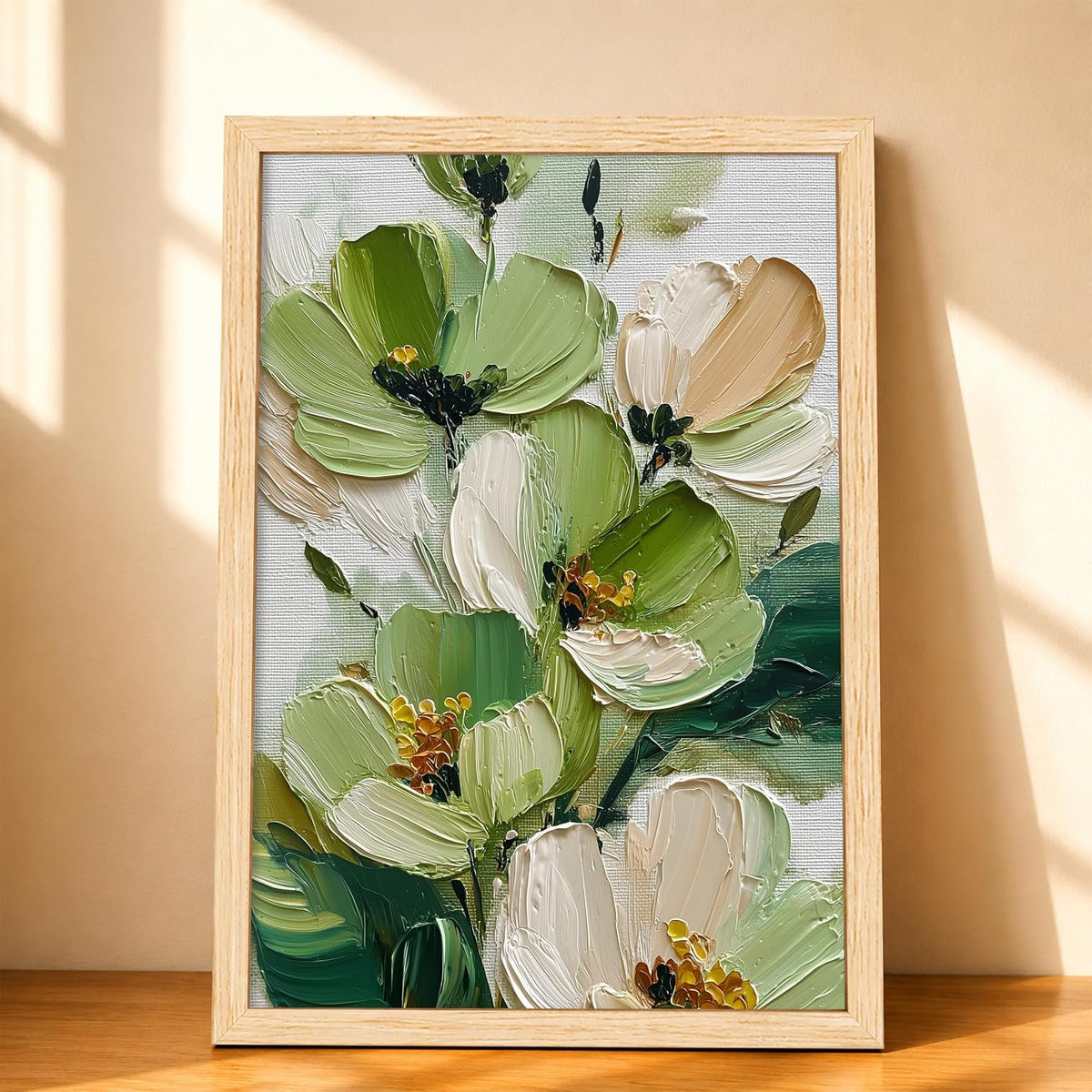 Modern Abstract 3D Textured Floral Painting for Living Room, Green & White Flower Motifs Rectangular Shape Framed Wall Painting for Home Decor (Size: 8x12 Inch)