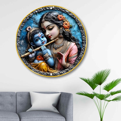 Radha Krishna Round Wall Art | 3D Embossed Divine MDF Panel | Artistic Spiritual Wall Decor for Home, Living Room, Temple & Office | Premium Finish with Golden Rim Frame 12 Inch x 12 Inch