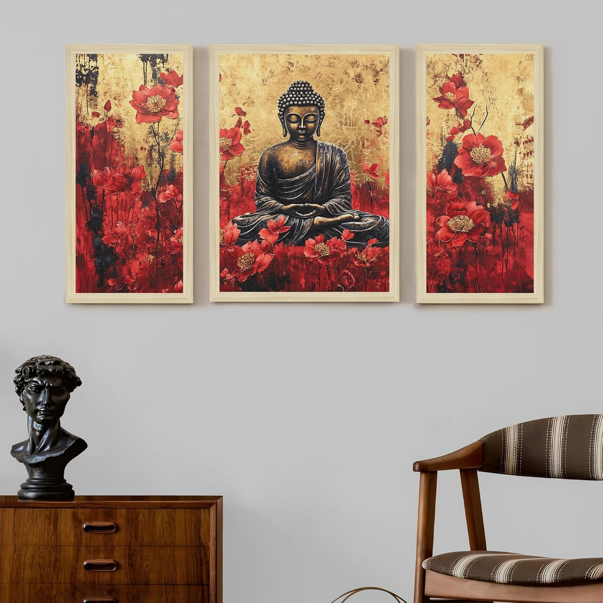 Buddha Floral Abstract Framed Wall Art Painting Home Décor Pack Of 3 | Digital Scenery Painting with Frame | Suits Hallways, Living Room, Bedroom, Office Set Of 3, 22x46 cm, 33x44 cm