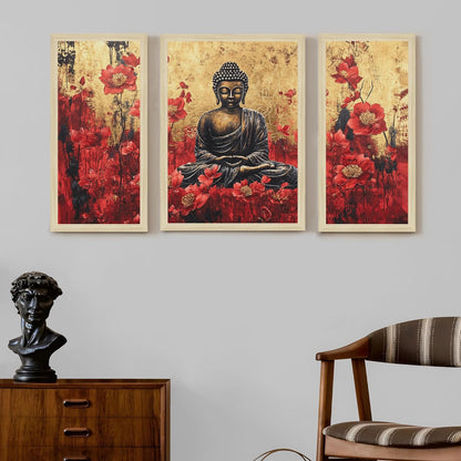 Buddha Floral Abstract Framed Wall Art Painting Home Décor Pack Of 3 | Digital Scenery Painting with Frame | Suits Hallways, Living Room, Bedroom, Office Set Of 3, 22x46 cm, 33x44 cm