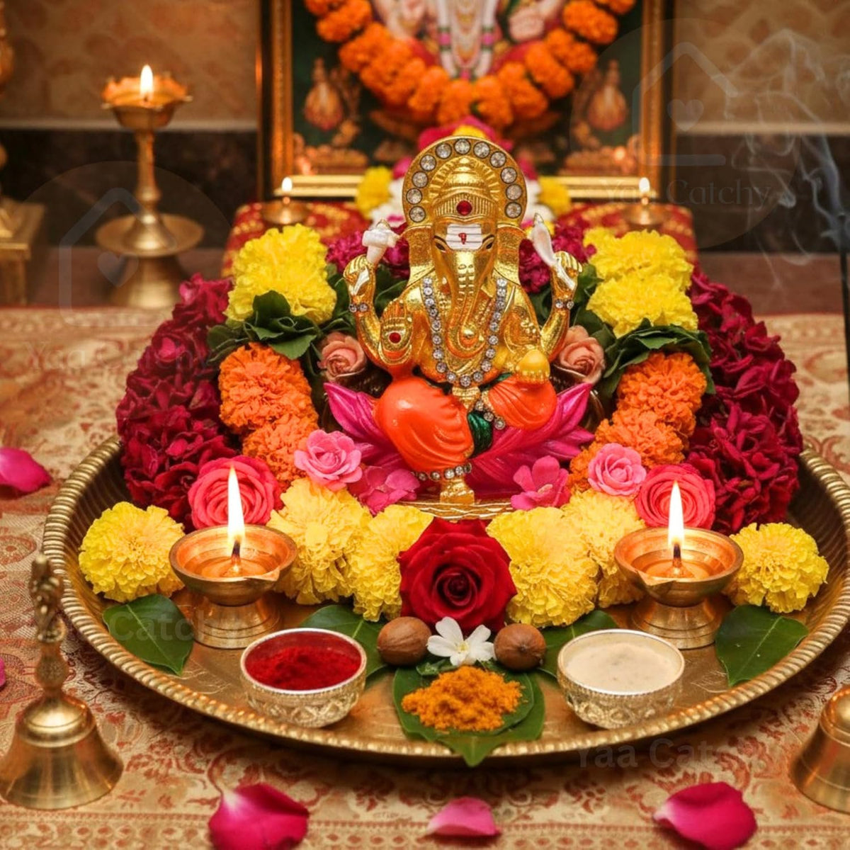 Yaa Catchy Lord Ganesha Car Dashboard Idol & Crystal Stones Lotus Base Design Hindu God Ganpati.Believed to Protect and Bless Travelers on Their Journeys. (Color)