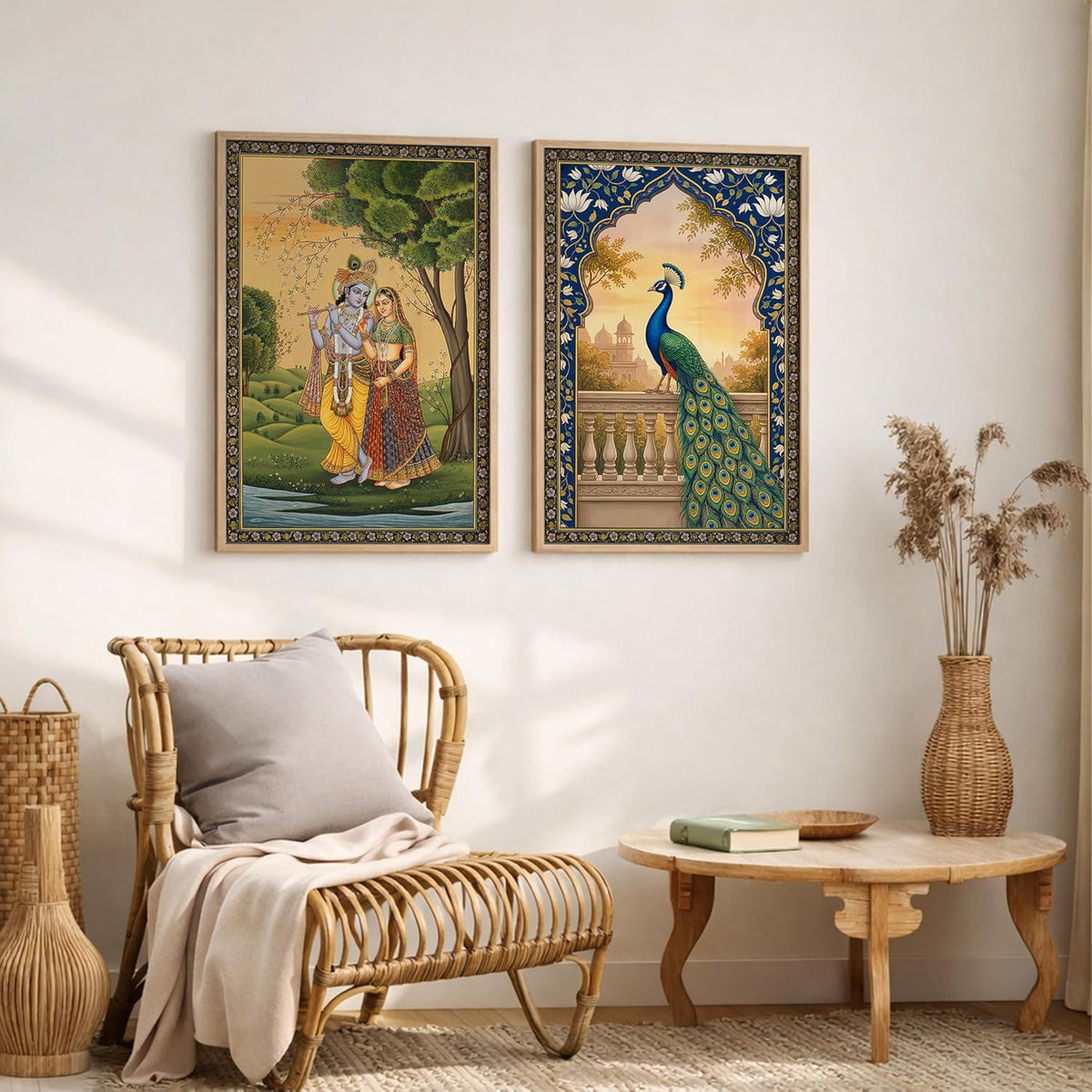 Radha Krishna Miniature Painting with Peacock Wall Art | Set of 2 Framed Paintings | Traditional Mughal Indian Decor for Living Room Bedroom | (ART 4, 13x19 INCHES)