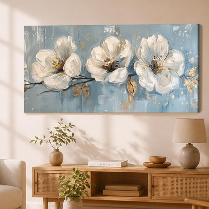 Beautiful Abstract White Flower Stretched Canvas Wall Art Painting For Living Room, Daisy Floral painting for Bedroom, Home and Office, 22x46 Inch
