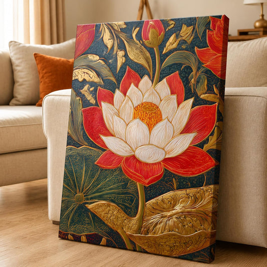Traditional Indian Textured Embossed Lotus Canvas Wall Art Painting for wall decoration, Red & Gold Blooming Lotus Motifs Stretched Canvas Painting for living room, bedroom, Home and office, 16x22 Inch
