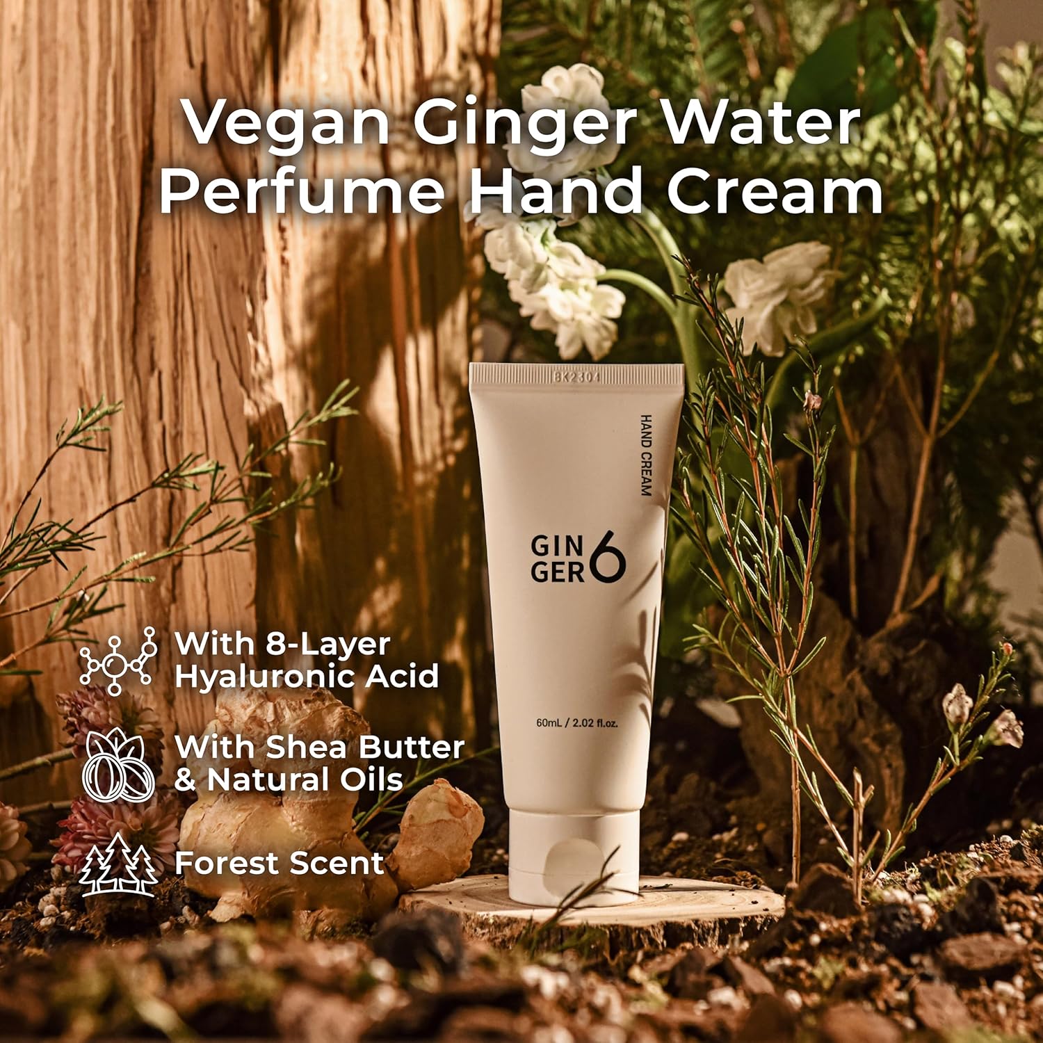 Vegan Ginger Water Perfume Hand Cream with natural ingredients on a wooden background