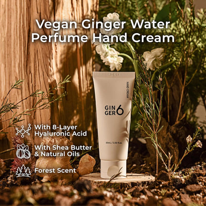 Vegan Ginger Water Perfume Hand Cream with natural ingredients on a wooden background