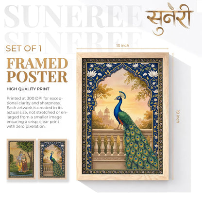 Radha Krishna Miniature Painting with Peacock Wall Art | Set of 2 Framed Paintings | Traditional Mughal Indian Decor for Living Room Bedroom | (ART 4, 13x19 INCHES)
