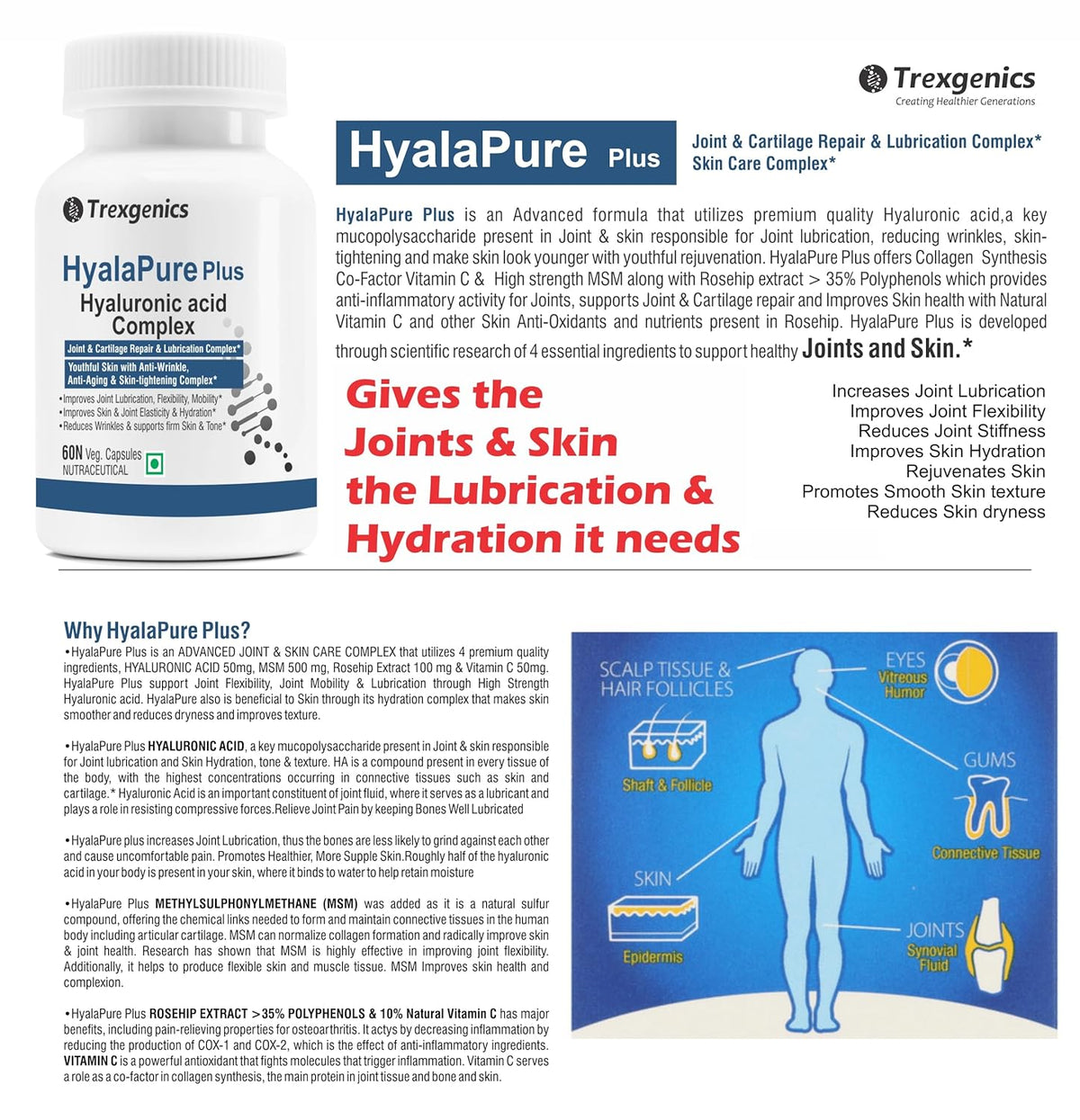 Trexegenics HyalaPure Plus supplement bottle with product description and benefits on a white background