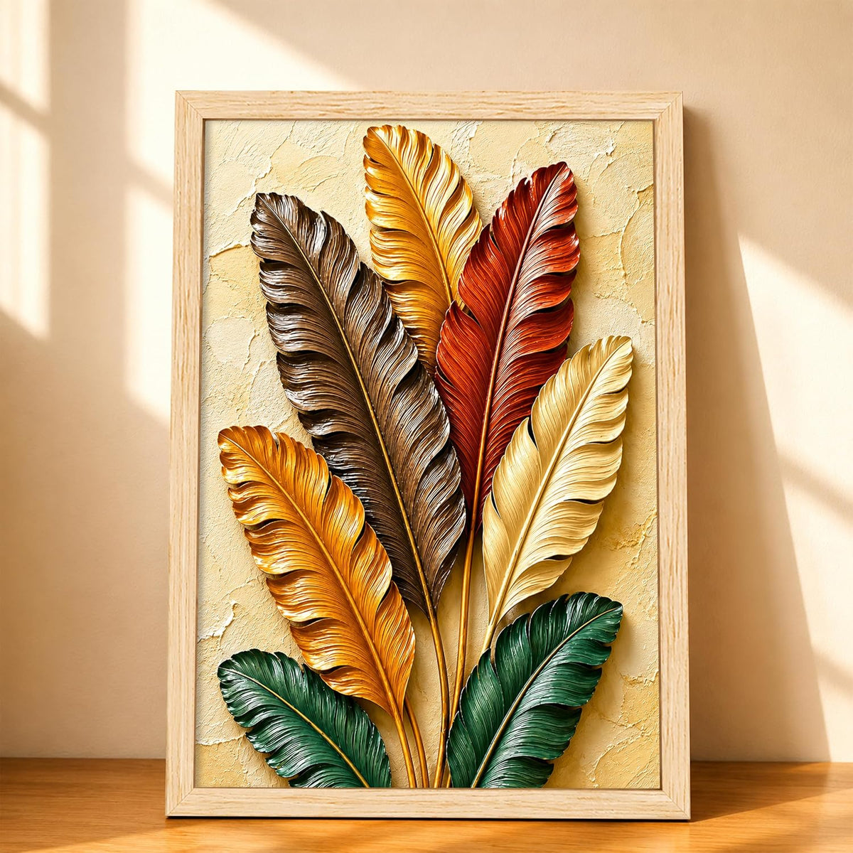 Modern Abstract 3D Textured Embossed Leaf Painting for Living Room, Warm Earth Tone Feather & Leaf Motifs Rectangular Shape Framed Wall Painting for Home Decor (Size: 13x17 Inch)