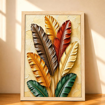 Modern Abstract 3D Textured Embossed Leaf Painting for Living Room, Warm Earth Tone Feather & Leaf Motifs Rectangular Shape Framed Wall Painting for Home Decor (Size: 13x17 Inch)