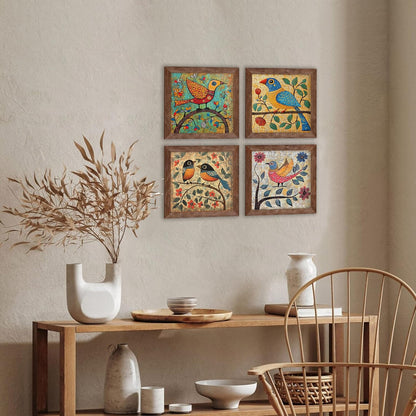 Multicolor Birds Wall Art Painting for living room, birds flower Framed painting, set of 4, 9x9 Inch