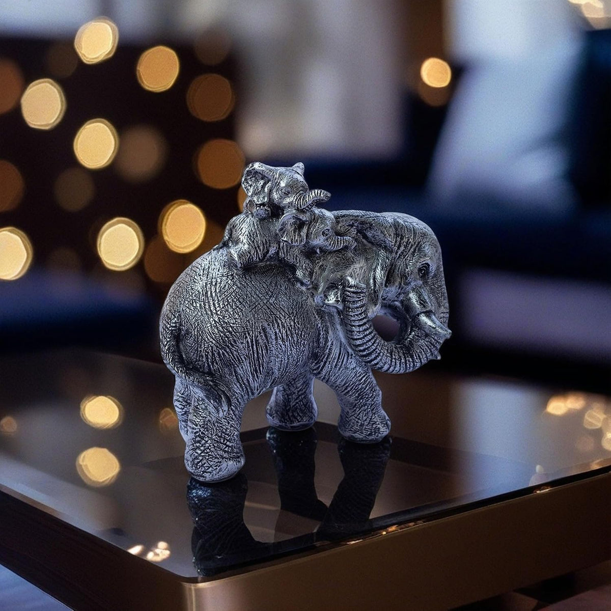 Polyresin 6" Elephant with Baby Statue for Home Decor – Vastu & Feng Shui Good Luck Symbol – Decorative Showpiece for Entryway, Living Room, Office, Gift (Silver)