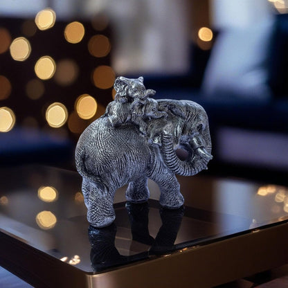 Polyresin 6" Elephant with Baby Statue for Home Decor – Vastu & Feng Shui Good Luck Symbol – Decorative Showpiece for Entryway, Living Room, Office, Gift (Silver)