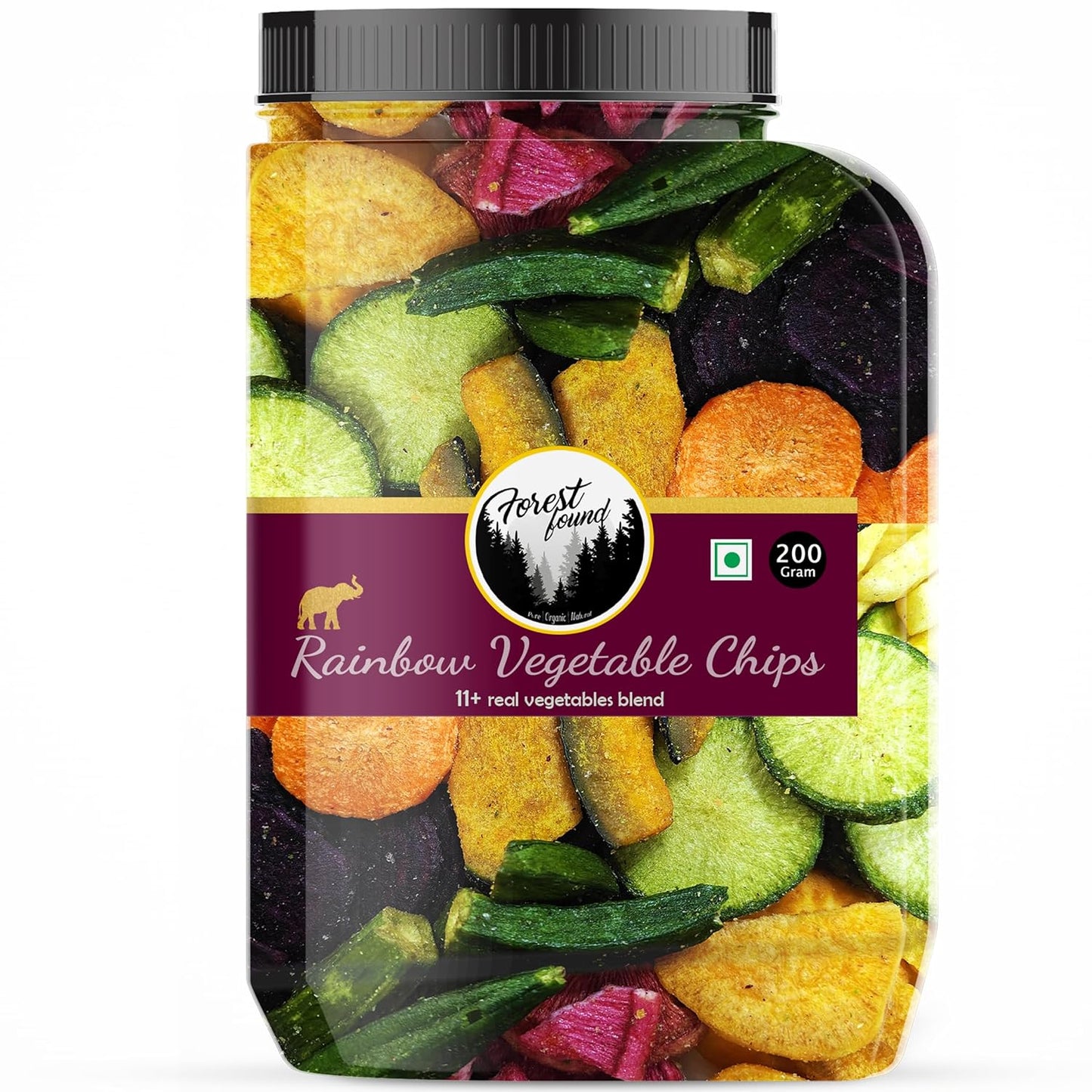 Forest Found Rainbow Vegetable Chips 200 gm | 11+ Exotic Blend | Made with Real Veggies, Light & Crispy Healthy Snack | No Palm Oil, Gluten-Free | Crunchy Crisps| 11 Mix Veggie (Pack-200g)