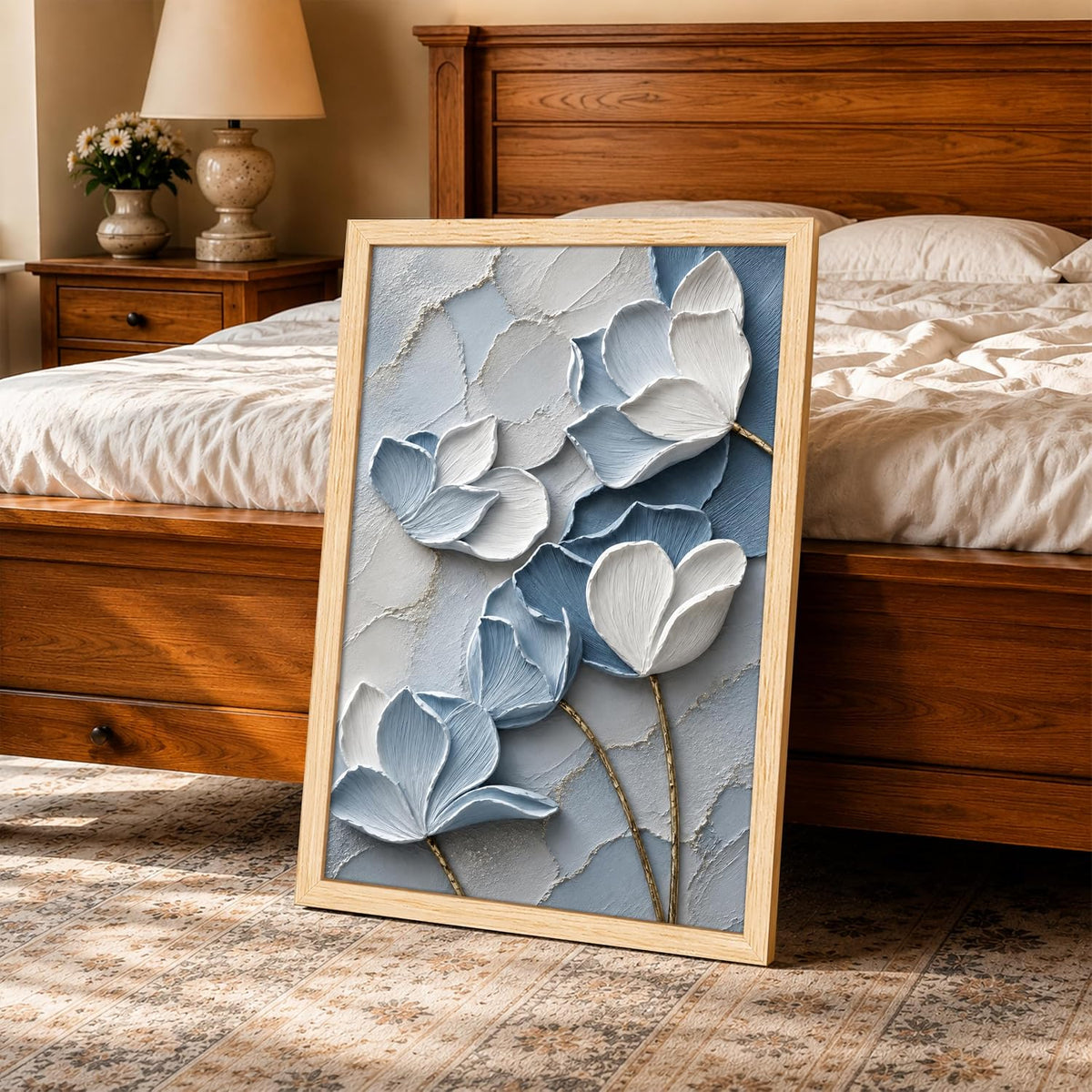 Modern Abstract 3D Textured Floral Painting for Living Room, Blue & White Magnolia Motifs Rectangular Shape Framed Wall Painting for Home Decor (Size: 8x12 Inch)