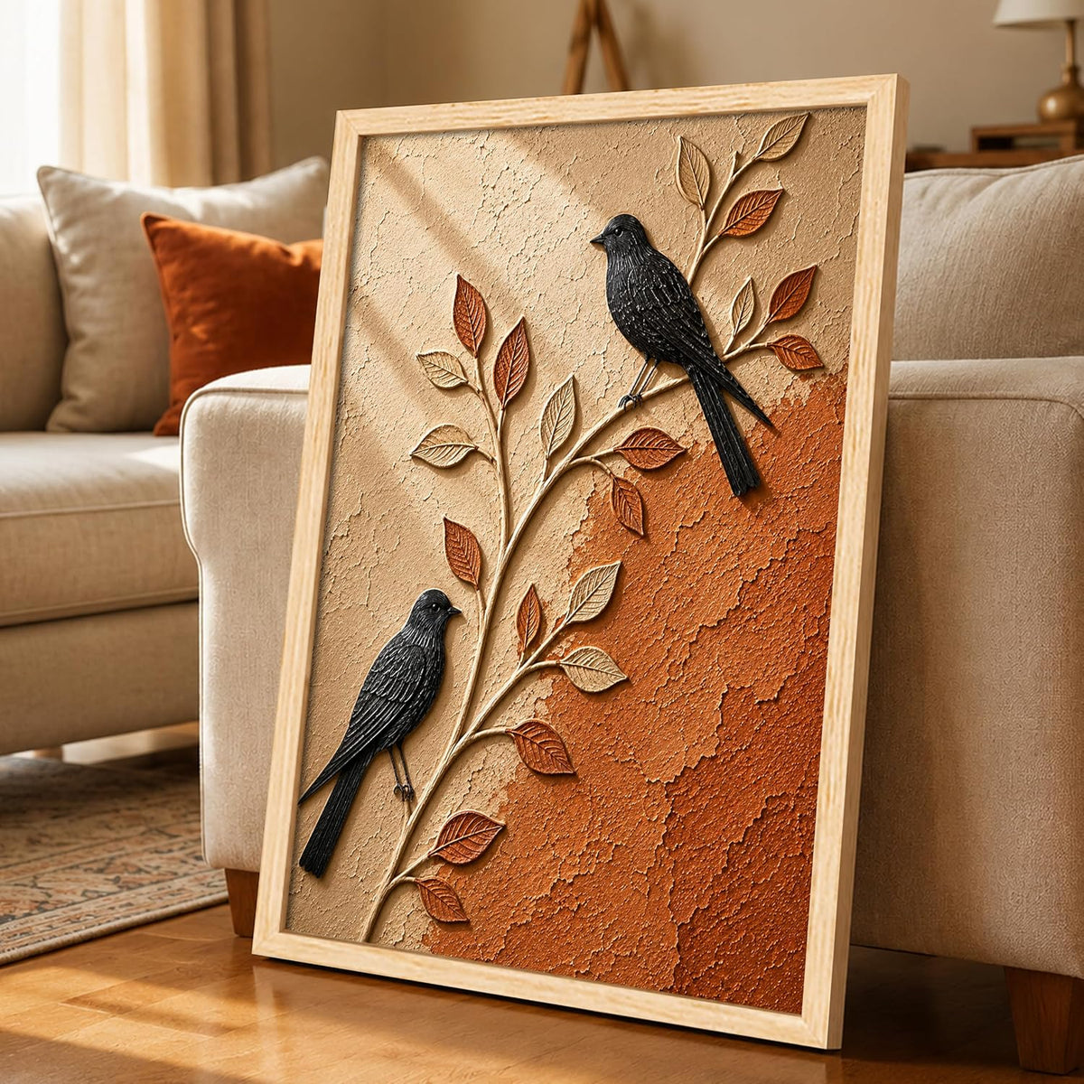 Modern Abstract 3D Textured Embossed Bird Painting for Living Room, Terracotta & Neutral Birds on Branch Motifs Rectangular Shape Framed Wall Painting for Home Decor (Size: 13x17 Inch)