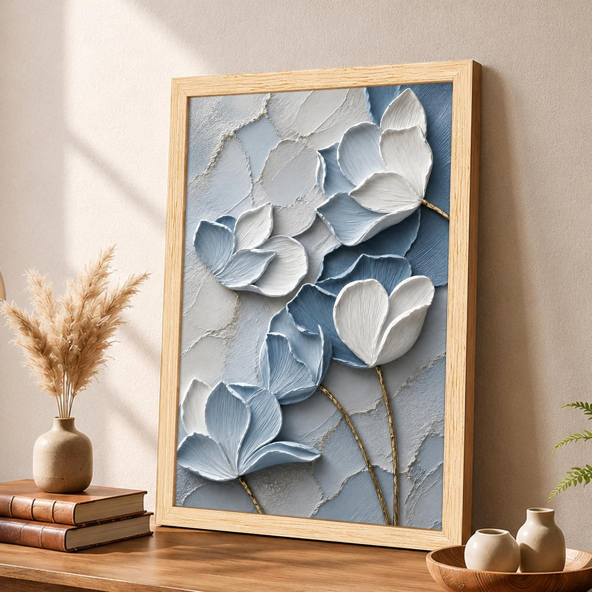 Modern Abstract 3D Textured Floral Painting for Living Room, Blue & White Magnolia Motifs Rectangular Shape Framed Wall Painting for Home Decor (Size: 8x12 Inch)