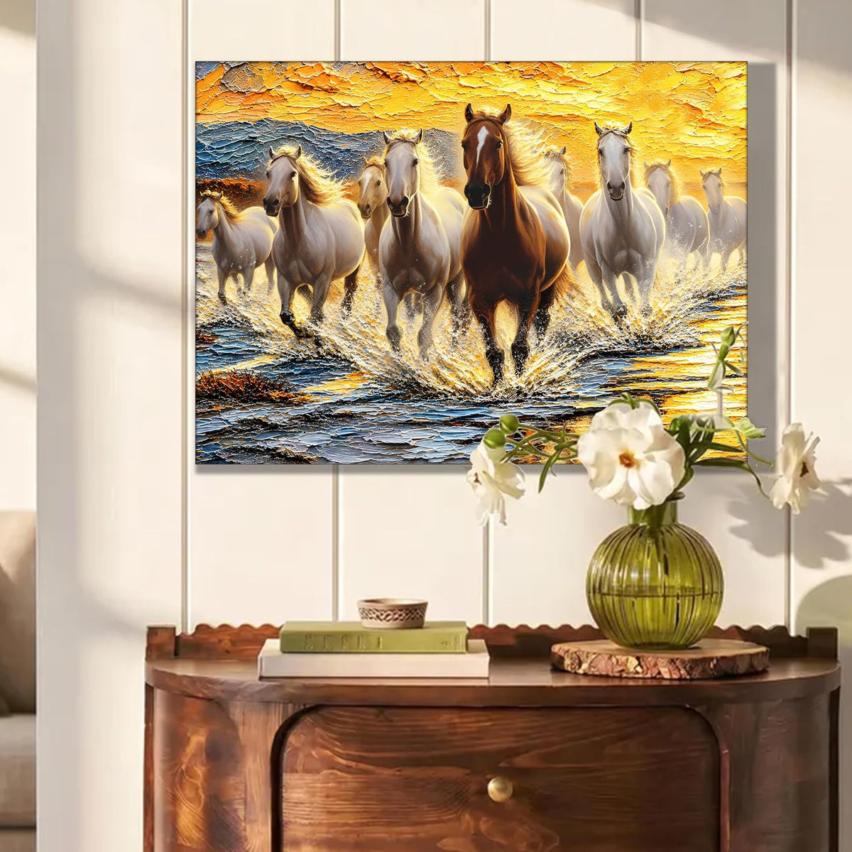 9 Running Horses Wall Art Painting For Living Room | Nine Horse Vastu Stretched Canvas Painting for Wall Decoration Items For Bedroom and Home, 16x22 Inch