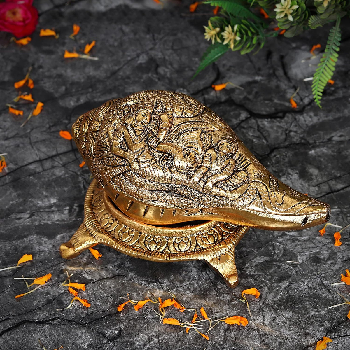 Kalakriti Lord Vishnu Laxmiji and SheshNaag Carving Antique Brass Finish Gold Plated Shankh Showpiece with Stand| Conch for Temple| Vastu Decorative Items Sankh for Home |Religious Diwali Gift 1 pc