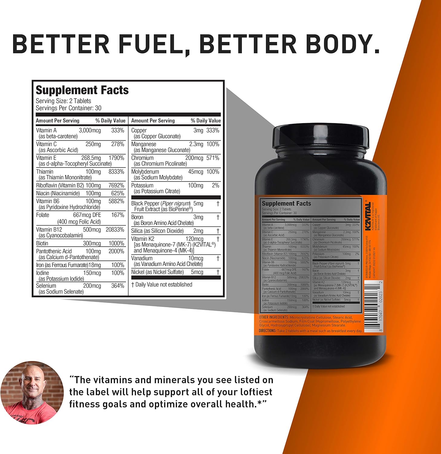 Supplement bottle with label and supplement facts on an orange and gray background