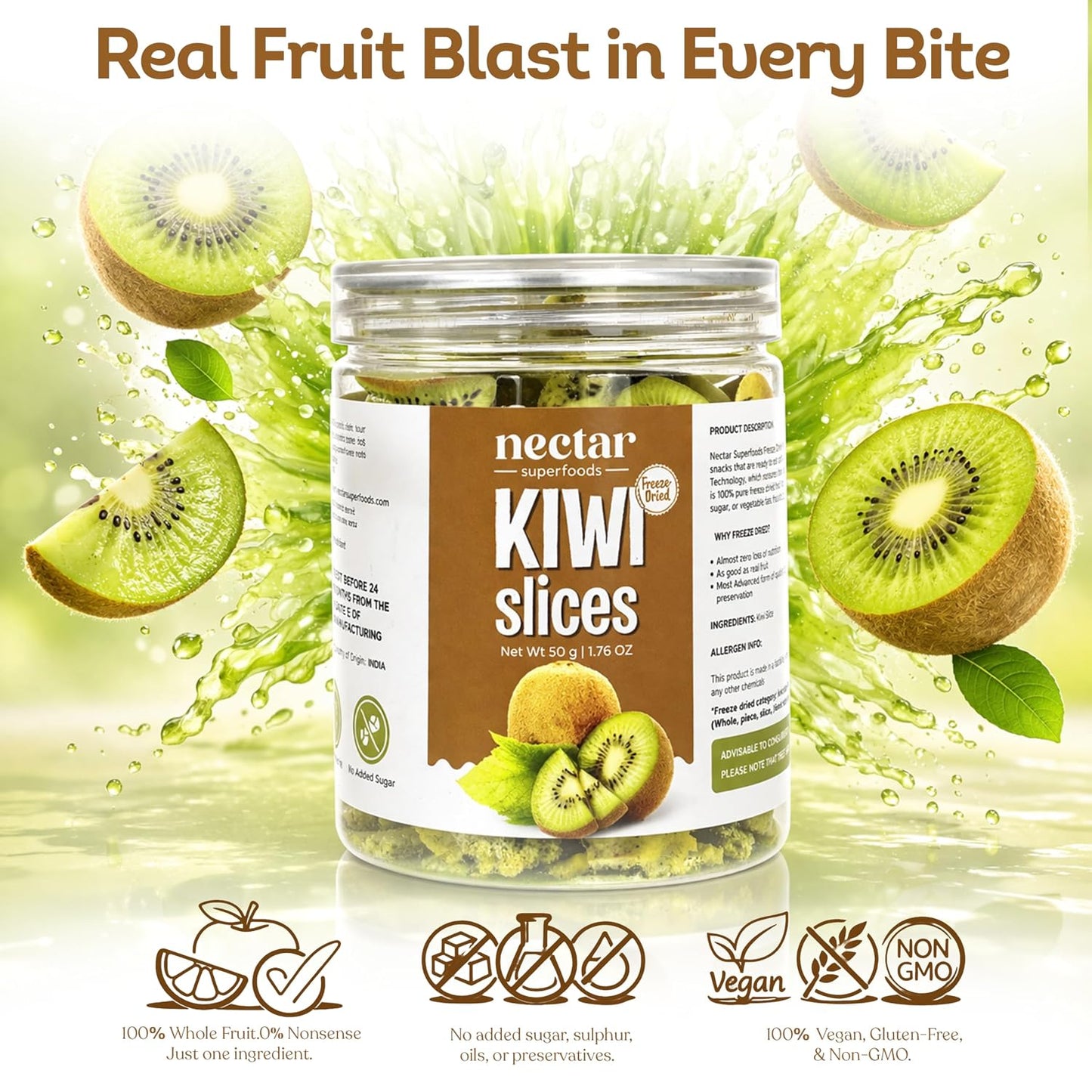 Nectar Superfoods Freeze Dried Kiwi slices- 50 grams Jar-Pack of 1 Nos | 100% Natural & Pure | No Preservatives, No Sugar Added, Vegan | Ideal for Cooking & Seasoning | Made in India