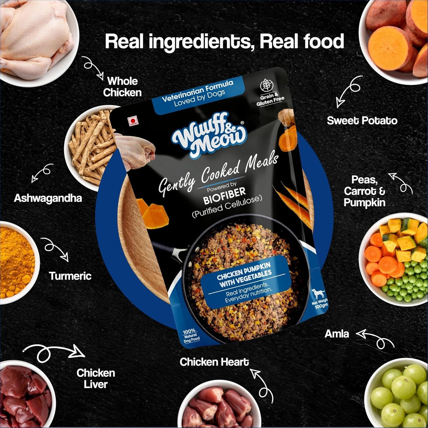 Wuuff&Meow Chicken Pumpkin with Vegetables Dog Food — Gently Cooked Wet Dog Meal with Zero Preservatives| Powered By BioFiber - Arbocel Purified Plant-Based Fiber | 100g