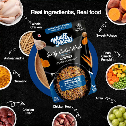 Wuuff&Meow Chicken Pumpkin with Vegetables Dog Food — Gently Cooked Wet Dog Meal with Zero Preservatives| Powered By BioFiber - Arbocel Purified Plant-Based Fiber | 100g