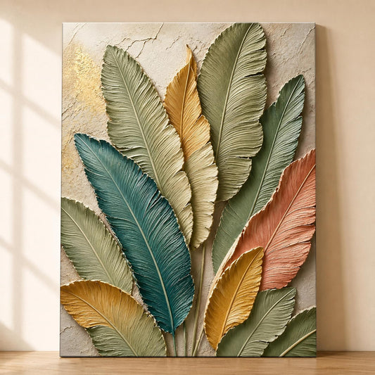Textured Embossed Floral Leaf Canvas Wall Art Painting for wall decoration, Multi-Color Feather & Leaf Motifs Stretched Canvas Painting for living room, bedroom, Home and office, 16x22 Inch