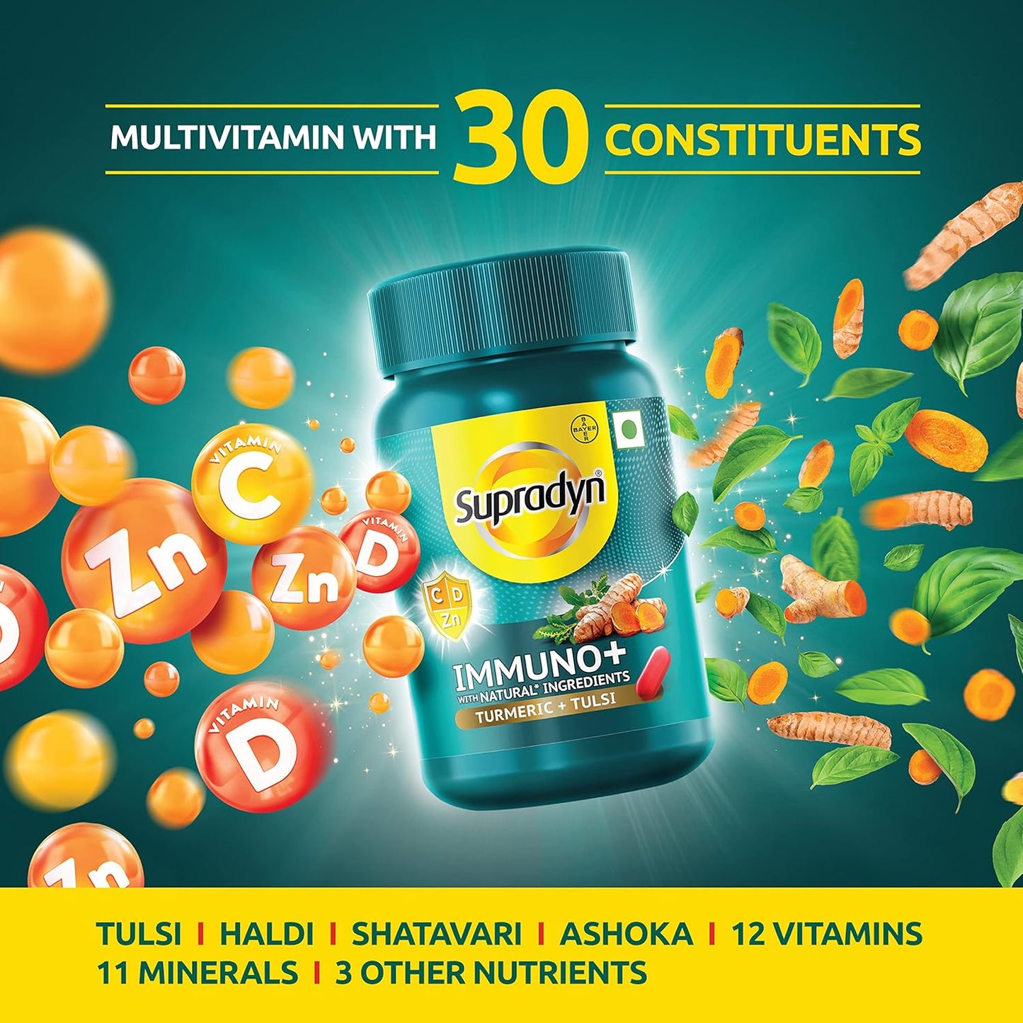 Zephivo Supradyn Immuno +, Multivitamin, Natural immunity booster with Vit C, Vit D, Zinc, Unique blend of Tulsi, Turmeric, Shatavari & Ashoka (30 Tabs)