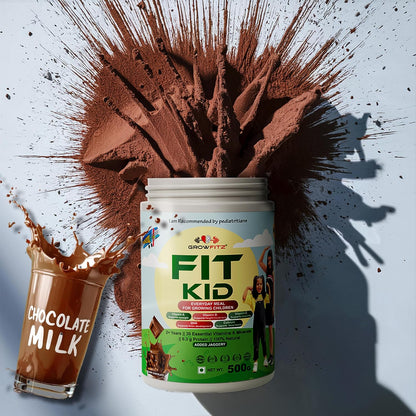 Growfitz FitKid | Natural Healthy Everyday Meal for Kids 2-18 | No Added Sugar | Supports Bone Strength, Immunity, Brain Development | 6.3g Protein | Almonds, Walnut, Ragi, Bajra (400g, Chocolate)