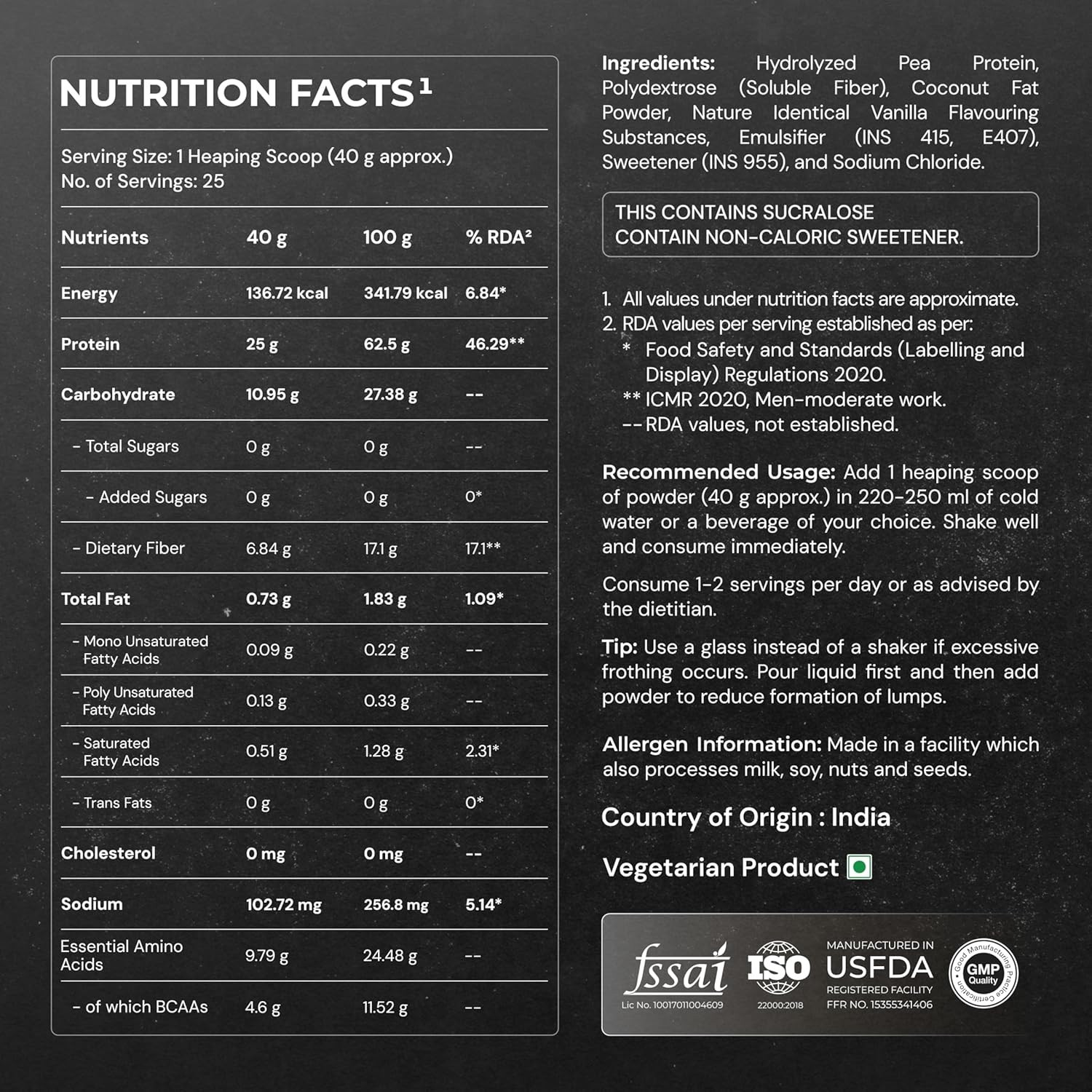Nutrition facts label with detailed information on a dark background