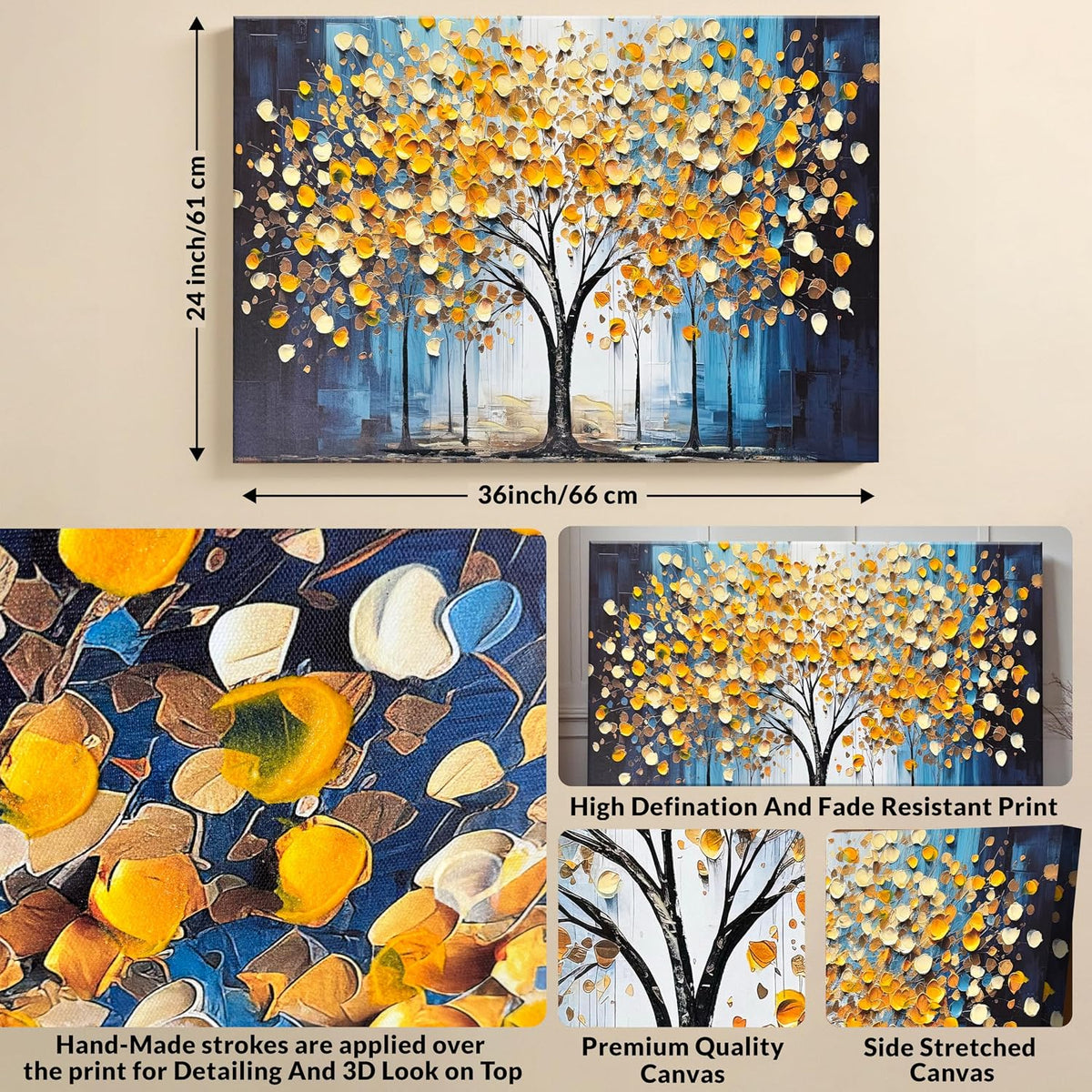 Abstract Tree Stretched Canvas Wall Art Tree of Life 3D Textured Painting Blue Yellow Canvas Painting for Living Room Abstract Paintings Bedroom Office Hand Painted Wall Décor 61x91 cm