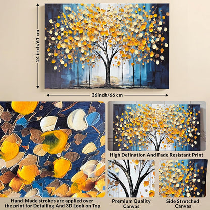 Abstract Tree Stretched Canvas Wall Art Tree of Life 3D Textured Painting Blue Yellow Canvas Painting for Living Room Abstract Paintings Bedroom Office Hand Painted Wall Décor 61x91 cm