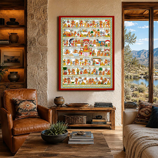 Hanuman Chalisa Hanging Canvas Painting (Multicolour, 35x26 Inches) Religious Wall Decor for Pooja Ghar/Home/Office/Living Room/Temple | Journey of Hanuman | Vastu Dosh Rectification